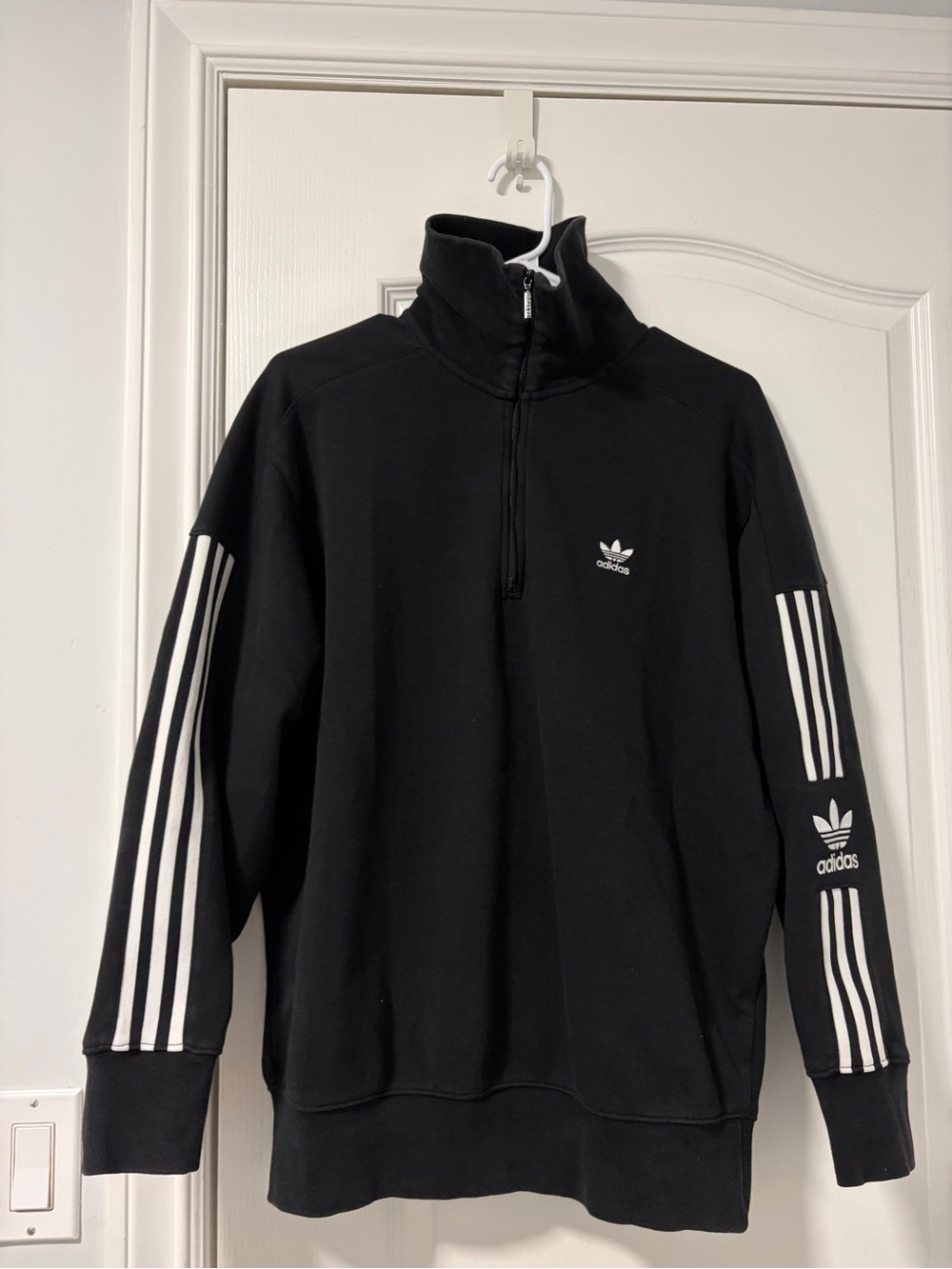 adidas Black Quarter-Zip Sweatshirt with White Sleeve Stripes